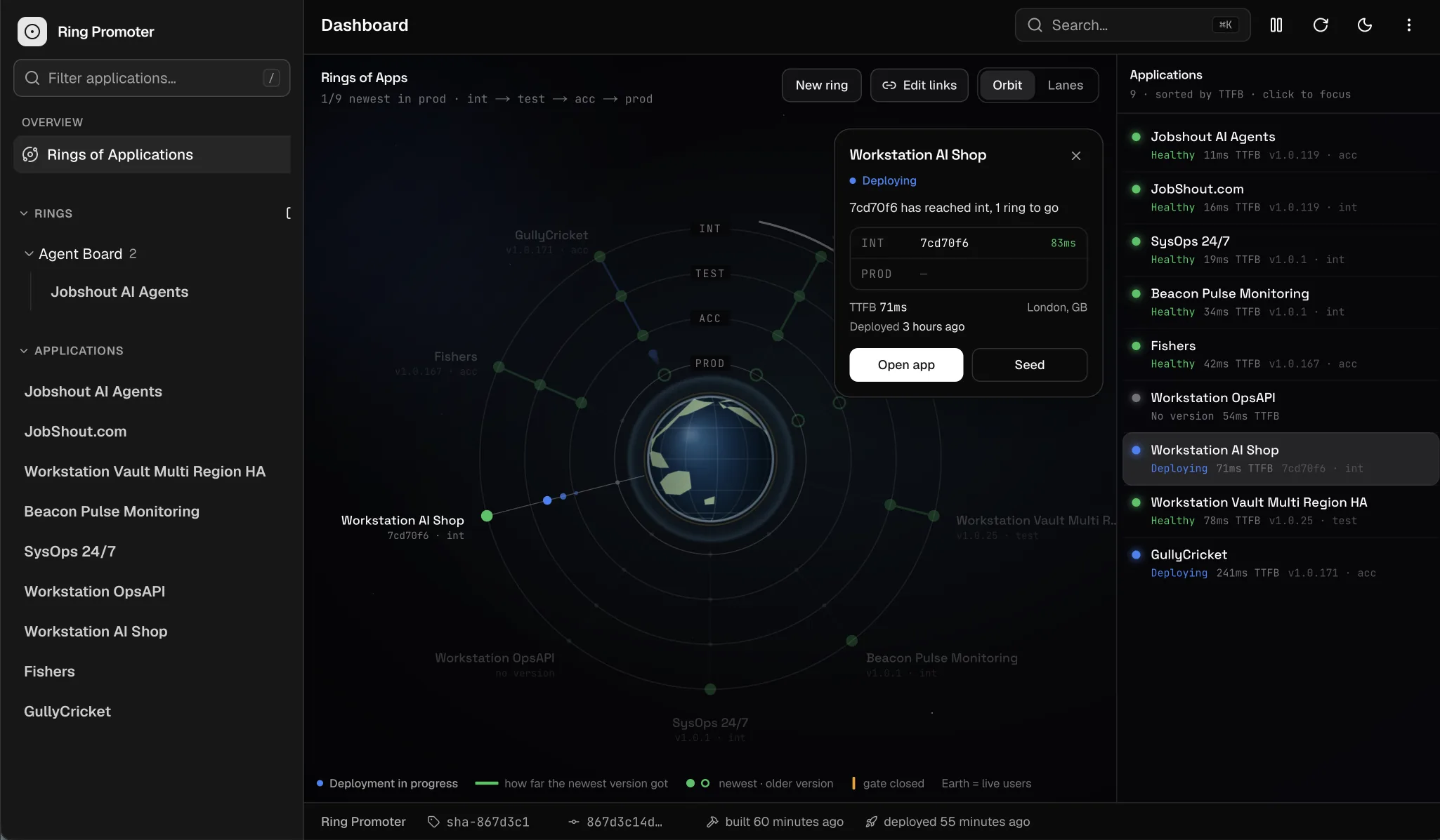 Ring Promoter Orbit: Workstation AI Shop deploying at INT with version 7cd70f6, rings int test acc prod, TTFB 71ms London, application list sorted by latency